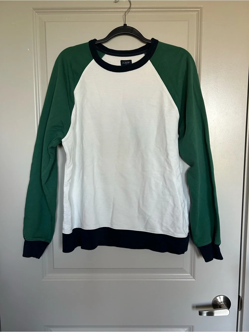 J. Crew White Pullover with Green Sleeves and Navy Trim